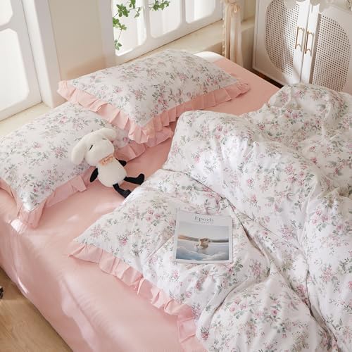 Pink Floral Duvet Cover Set Full Size - 100% Cotton Romantic Ruffle Lace Bedding Set, Cute Aesthetic Princess Bedding Reversible Pink Striped, Cottagecore Botanical Flower Duvet Cover for Girls Women