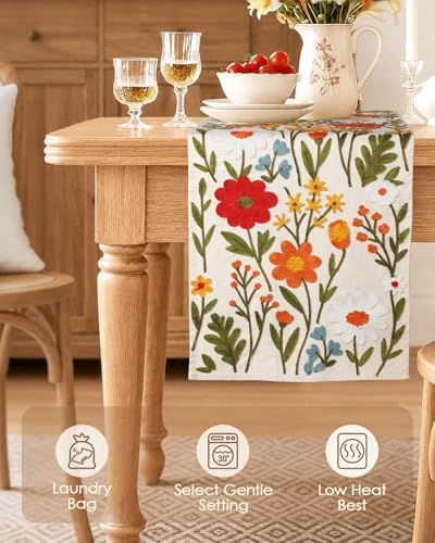 Miss Adola Embroidered Canvas Table Runner 13"x108", Wild Flower