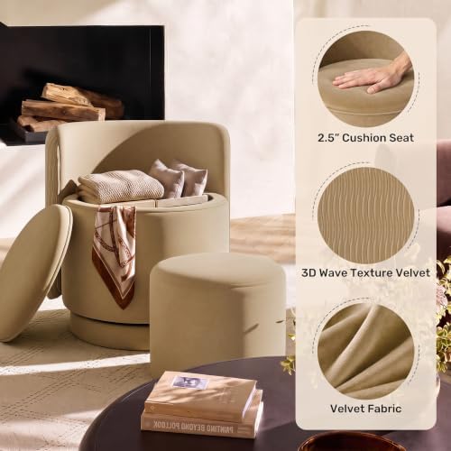 Velvet Vanity Chair with Storage 360° Swivel Accent Stool FootRest