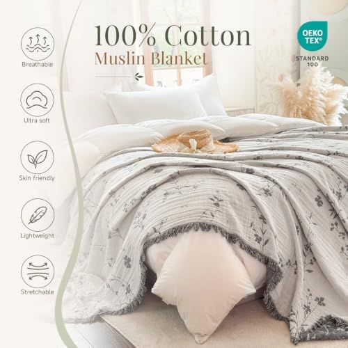 Simple&Opulence Cotton Muslin Blanket Queen Size 90"x90", Reversible Yarn-Dyed Vintage White Floral Jacquard, 3-Layer Gauze with Tassels, Soft Lightweight Breathable All-Season Bedspread for Bed Couch