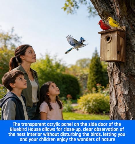 Natural Wood Birdhouse for Outside, Wooden Nesting Box with Circular Entrance Hole and Perch， Blue Bird Houses for Outdoors with Clear View Panel & Predator Guard for Blue Robin, Wren, Swallow