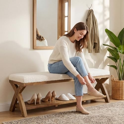 Solid Wood Shoe Bench with Cushion Padded Seat, 55-Inch Farmhouse Entryway Bench Shoe Rack Organizer with X-Shaped Legs for Hallway, Living Room, Closet