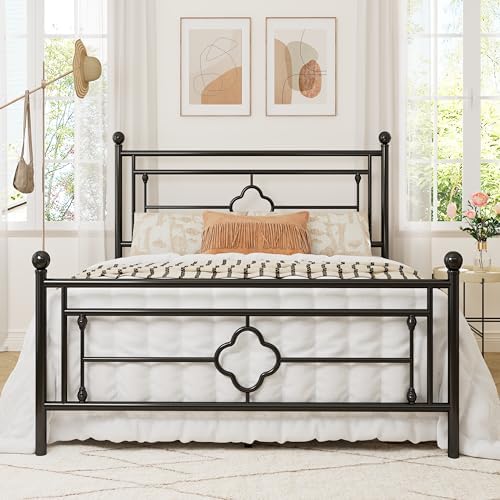 Allewie Full Size Metal Platform Bed Frame, Victorian Headboard, Black