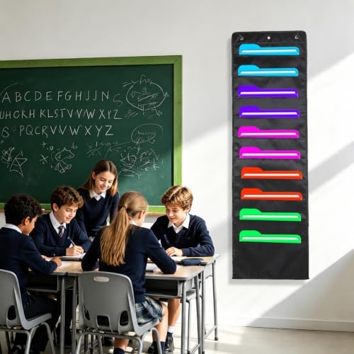 Pocket Chart for Classroom, Storage File Folders Pocket Chart, Hanging Wall File Organizer with 3 Over Door Metal Hangers Pocket Charts Organizer for School Office Mailbox