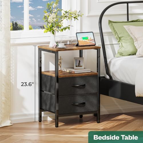 Huuger Nightstand with Charging Station, Side Table with Fabric Drawers