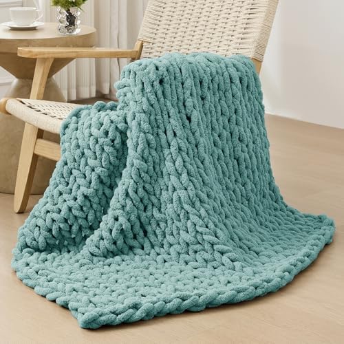 Bigacogo Chunky Knit Throw Blanket for Couch, 40x40 inches, Light Teal