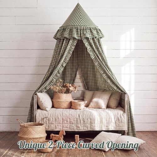 SmoothNovelty Gingham Plaid Bed Canopy, Green Yellow, Round