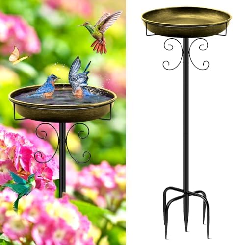 Daoeny 35In Metal Bird Bath for Outside, Vintage Bird Bath Bowl, Detachable Birdbath & Birdfeeder with 5 Prongs Base Stake, Bird Baths for Outdoors Garden Yard Lawn Decor (Antique Golden)