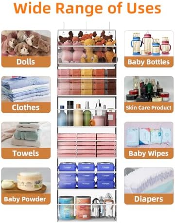 Over the Door Organizes- 6 Tier Stuffed Animal Storage, Hanging Organizer for Toys/Plushies, Back Door Organizers and Storage Holder Bag for Bathroom Nursery Newborn Baby Essential Stuff (Clear)