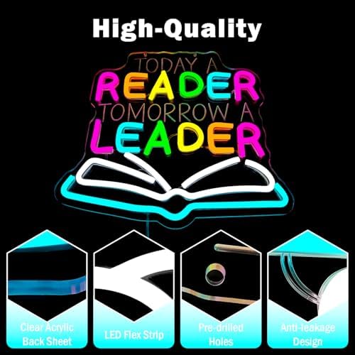 Today A Reader Tomorrow A Leader Neon Sign for Classroom Dimmable Classroom Led Sign Library Light Up Signs Reading Led Wall Decor for School Teacher