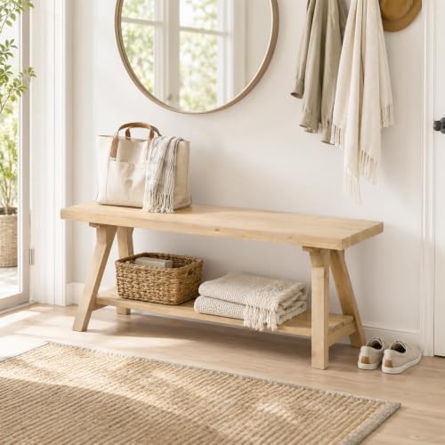 Solid Wood Entryway Bench 43'' Farmhouse with Bottom Storage Shelf