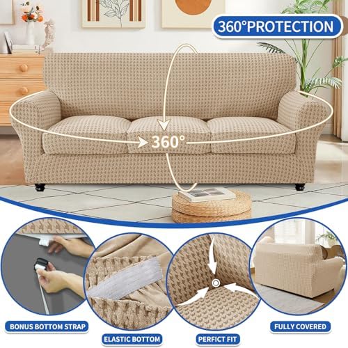 MAXIJIN 3 Pieces Stretch Couch Covers for 2 Cushion Couch Washable Sofa Cover with 2 Extra Large Seat Soft Loveseat Sofa Slipcovers with Non Slip Strap (Khaki), 71"-91"(2 XL Cushions)