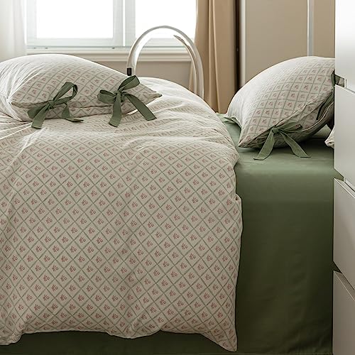 Red Blooming Duvet Cover Set Twin,Green Plaid Grid Duvet Cover with 2 Bowknot Pillowcases 100% Cotton Chic Garden Style Bedding Set for Girls Women Without Comforter