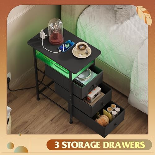 WLIVE Night Stand with Charging Station, End Table with 3 Fabric Drawers