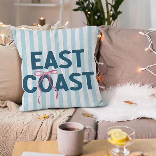 Blue East Coast Beach Throw Pillow Cover 18x18, Pink Bow Preppy Beach Decorative Pillow Covers for Girls Room Dorm Apartment, Coastal Beachy Striped Accent Pillows Cover Pillowcases