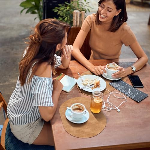 ADRIMER Oval Placemats Set of 8, Wipeable Faux Leather, Camel