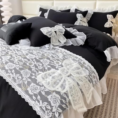 MOOWOO Chic Ruffle Lace Twin Duvet Cover Set-Bow Duvet Cover with Butterfly Tie-2 Piece Comforter Duvet Cover with Zipper Closure,Coquette Room Decor-Black,Full Size