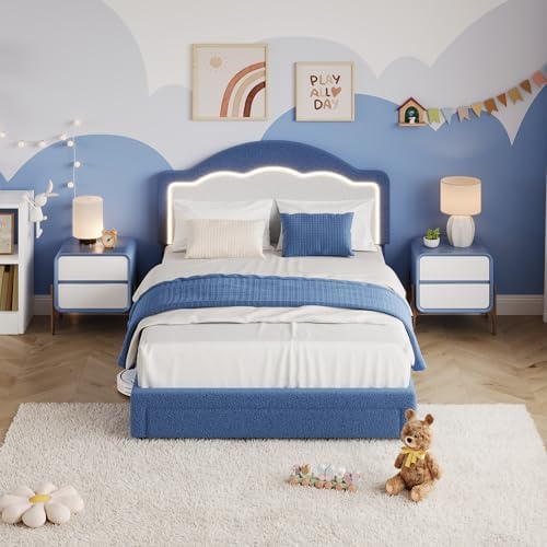 Full Size Kids Bed Frame with LED Headboard Soft Boucle Platform