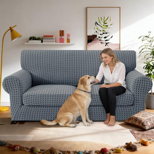 MAXIJIN 3 Pieces Stretch Couch Covers for 2 Cushion Couch Washable Sofa Cover with 2 Extra Large Seat Soft Loveseat Sofa Slipcovers with Non Slip Strap (Dark Gray), 71"-91"(2 XL Cushions)