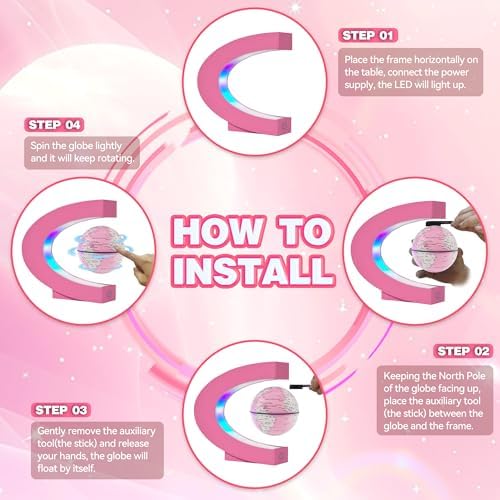 Magnetic Levitation Floating Globes with LED Lights, C Frame Floating Globe Lamp, Cool tech Gadgets for Home Office Desk Accessories, Gifts for Women, Ladies, Girls, Teachers, Colleagues(Pink)