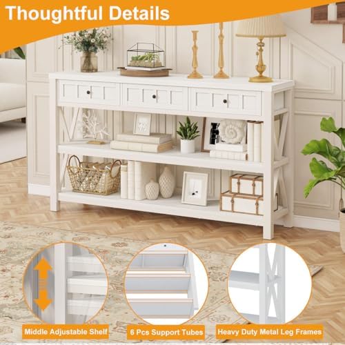 FATORRI Console Table for Entryway, 54.72 Inch Long Wood and Metal Sofa Table with 3 Drawers for Living Room, Farmhouse Hallway Tables and Modern Couch Tables Behind Sofa, White Oak
