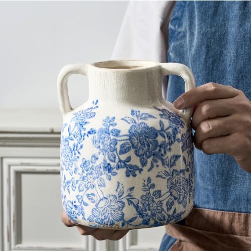 Ceramic Vase with Handles, Vintage Utensil Holder, Flower Decorative Vase Chinoiserie Decor Rustic Farmhouse Retro Floral Vases for Table Bookshelf Mantel Kitchen Living Room Office - 6.7” Blue 017