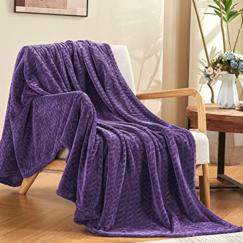 inhand Purple Fleece Twin Blanket, Super Soft Flannel Leaves Pattern Fuzzy Blanket for Couch Sofa Bed, 60 x 90 Inches