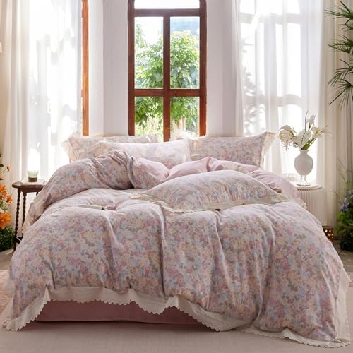 HighBuy Muslin Cotton Duvet Cover Set Twin Pink Rose Floral Print,Ruffle Comforter Cover Chic Cottagecore Gauze Cotton Breathable for Teen Girls,3 Piece Farmhouse Bedding Set