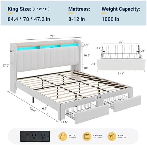 Allewie King Size Bed Frame with 2-Tier Storage Headboard & 2 Large Drawers