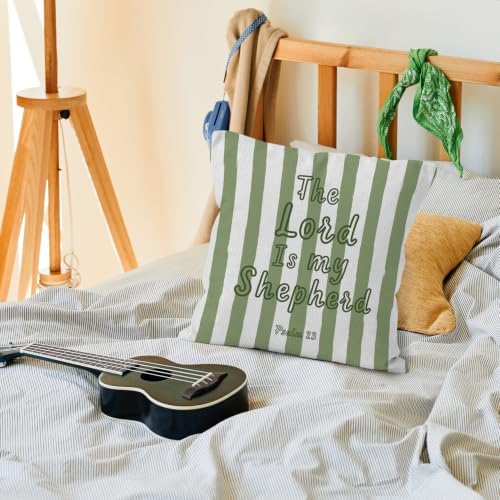 Green Striped Christian Bible Verse Scripture Throw Pillow Cover 18x18