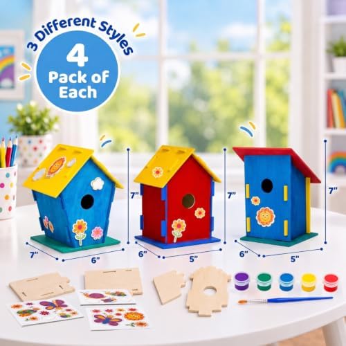 Neliblu [12 Pack] DIY Bird House Kits for Kids | 3 Unique Shapes & 2 Sizes