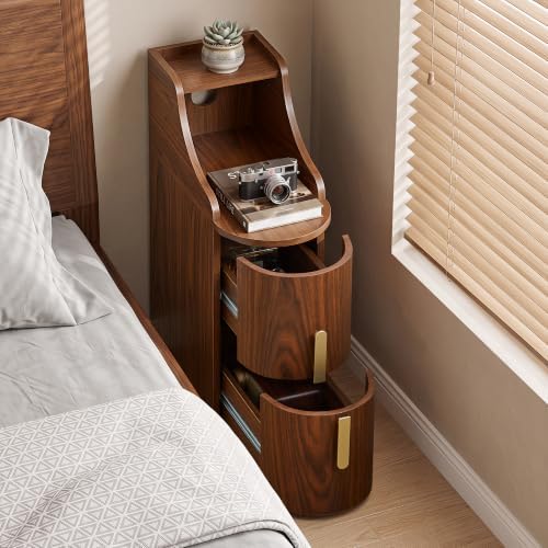 Narrow Nightstand, Wooden 2 Drawer Thin Cylinder Bedside Table with Cable Management Hole, Mid Century Modern Skinny End Table for Bedroom Living Room Small Spaces, Walnut Finish, 1 Piece