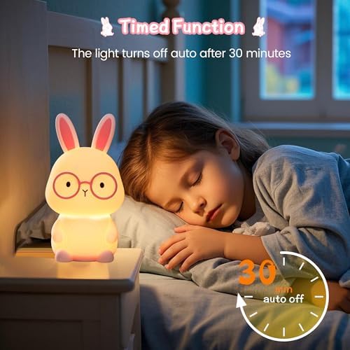 FAMIDUO Bunny Night Light for Kids, Safe Silicone Touch Lamp with Timer