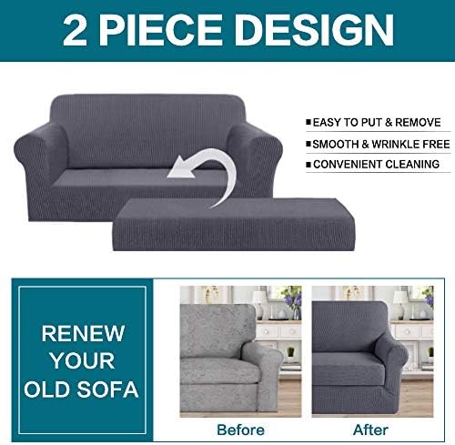 Turquoize Stretch Sofa Slipcover 2 Pieces Sofa Cover Couch Cover for 2 Cushion Couch Washable Furniture Protector Covers with Elastic Bottom Feature Thick Jacquard Fabric (Loveseat, Grey)