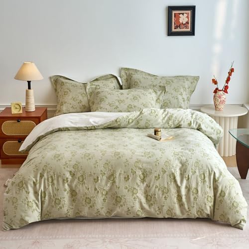 HighBuy Sage Green Floral Duvet Cover Twin XL Textured Design,Premium Muslin Cotton Coquette Floral Comforter Cover Set for College,Farmhouse Gauze Bedding Set with 2 Pillowcases