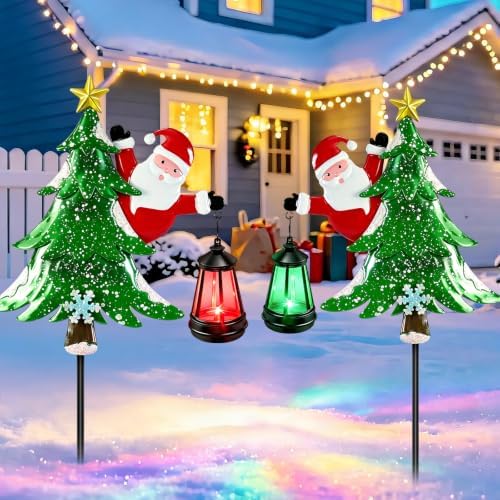 2 Packs Solar Christmas Trees Santa Claus Garden Stakes Solar Lights Multi-color Changing Christmas Decorations Outdoor,Xmas Gifts for Women Mom,Waterproof Solar Christmas Lights for Yard Lawn Porch