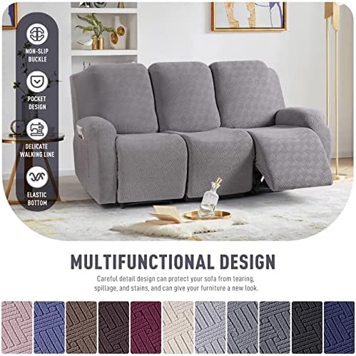 KinCam Recliner Covers, Stretch Reclining Chair Covers, Recliner Sofa Slipcovers Stripe Jacquard Recliner Couch Covers Furniture Protector Covers for Pet Kid (3 Seater, Light Gray)
