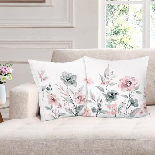 Bonhause Watercolor Floral Throw Pillow Covers 18 x 18 Inch Grey Pink