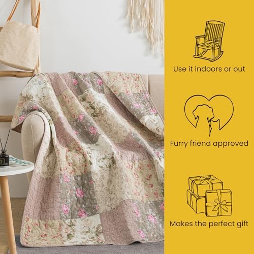 SLPR - Cotton Quilted Throw Blanket, 50" x 60" Pink Floral, Secret Garden