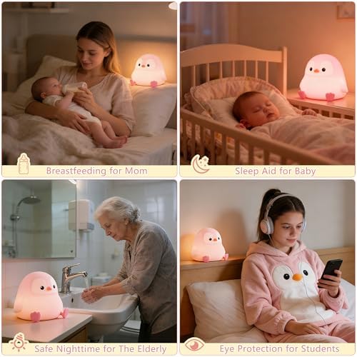 FAMIDUO Penguin Night Light,Pink Penguin Lamp,Soft Silicone Nursery Light
