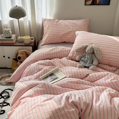 Vintage Striped Duvet Cover Queen 3 Pieces 100% Washed Cotton Bedding Set