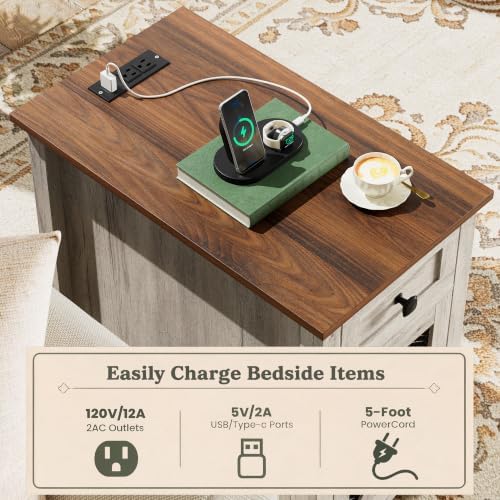 Farmhouse End Table with Charging Station,Narrow Side Tables with Storage