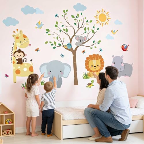 Animal Wall Stickers Decals for Kids: Baby Room Nursery Decor with Jungle Safari Theme Peel and Stick Removable Vinyl - Ages 0-12 Years