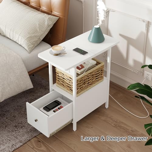 LIDYUK End Table with Charging Station, Narrow Side Table with Drawer