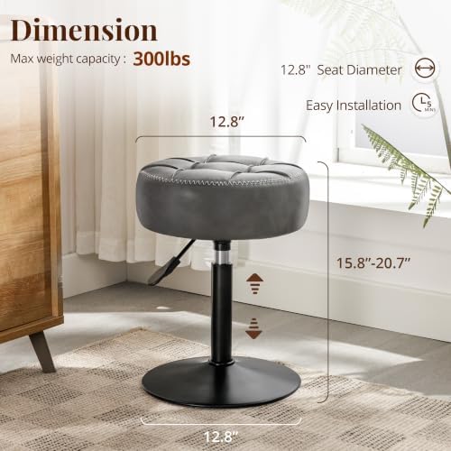 LUE BONA Height Adjustable Vanity Stool 15.8"-20.7", 360° Swivel Gray Faux Leather Chair, 300lb Capacity for Makeup Room, Bathroom