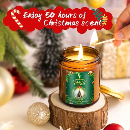 Christmas Candle, Balsam Cedar Scented Candles for Home, Holiday Candles Natural Soy Candle, Aromatherapy Candle 7 oz Jar Candles Christmas Gift for Women Men