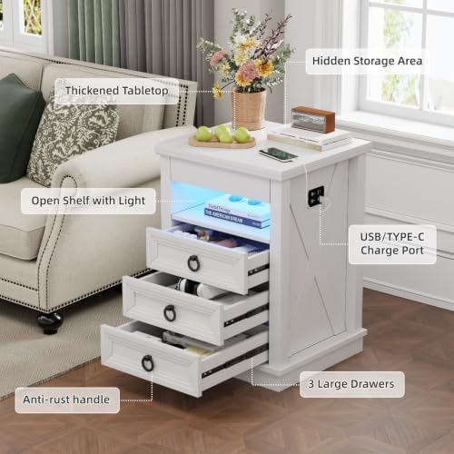 Farmhouse Nightstand with Gun Drawer,Bedside Table with Charging Station and Human Body Senor,3 LED Lights Night Stand with 3 Drawers and Open Shelf,End Side Table for Bedroom(White)