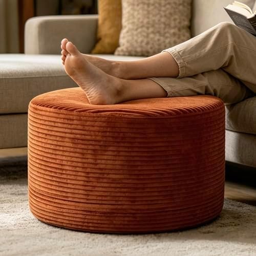 Thgonwid Round Ottoman Pouf, Corduroy Foot Rest Stool, 20x14In,Burnt Orange