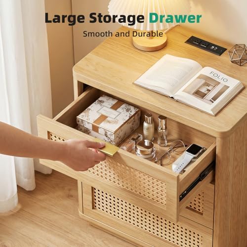 Kalrin 23" W Rattan Nightstand with 3 Drawers for Bedroom, Natural Oak