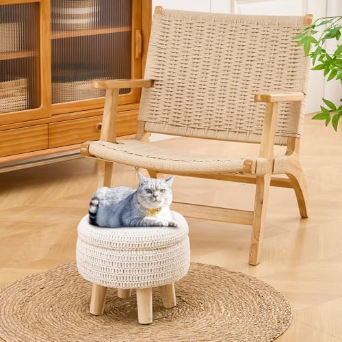 13" Round Handmade Cotton Knitted Boho Small Storage Ottoman with Wood Legs